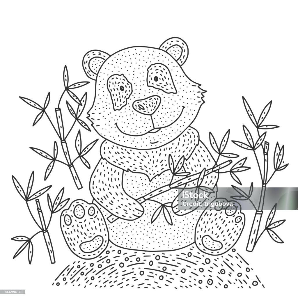 Panda bear Illustration vector with bamboo. Hand drawn cartoon card. Panda bear doodle Illustration with bamboo. Hand drawn detailed cartoon card. Vector coloring page. Animal stock vector