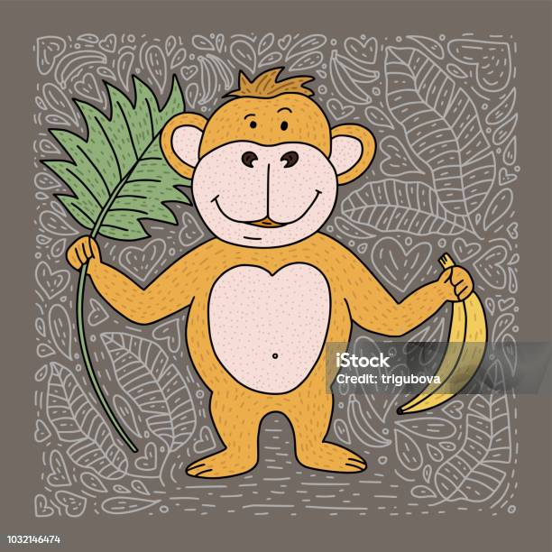 Ilustración de Tarjeta Vector Lúdico Con Mano Doodle Dibuja Un Mono  Plátanos Y Hojas De Palma y más Vectores Libres de Derechos de Alegre -  iStock