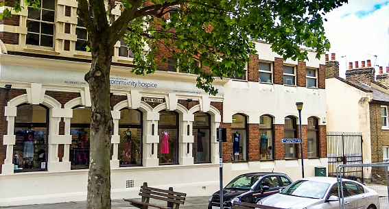 LONDON, UK - JUNE 9, 2015: Greenwich & Bexley Community Hospice on Trafalgar and Pelton road . Charity second-hand store