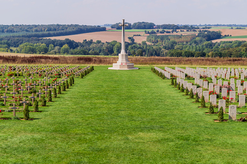 A view of the memorial cross with French and British war graves at Thiepval Memorial in France.