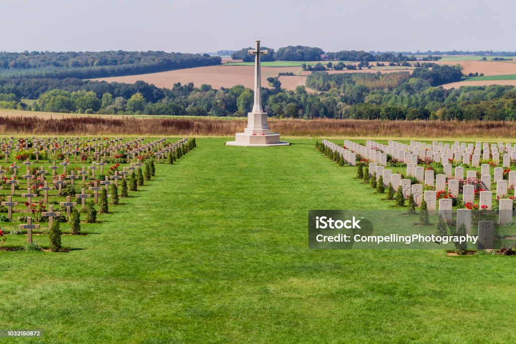 Thiepval Memorial A view of the memorial cross with French and British war graves at Thiepval Memorial in France. Battle Of The Somme Stock Photo