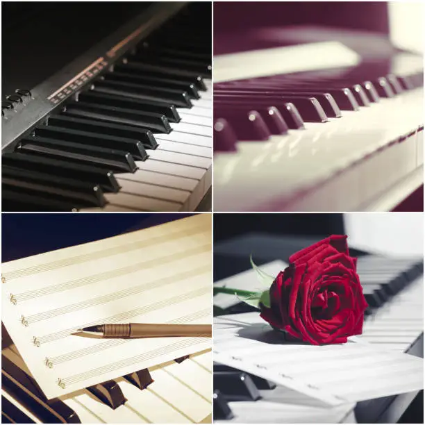 Piano keyboard close up. collage.