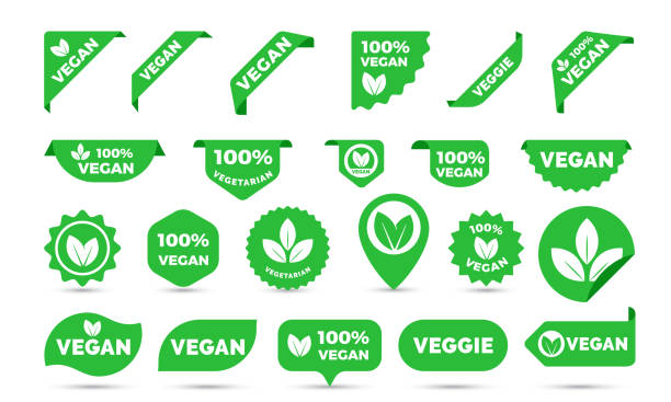 Vegan green stickers set for vegan product shop tags, vegetarian labels or banners and posters. Vector vegan sticker icons templates set vector art illustration