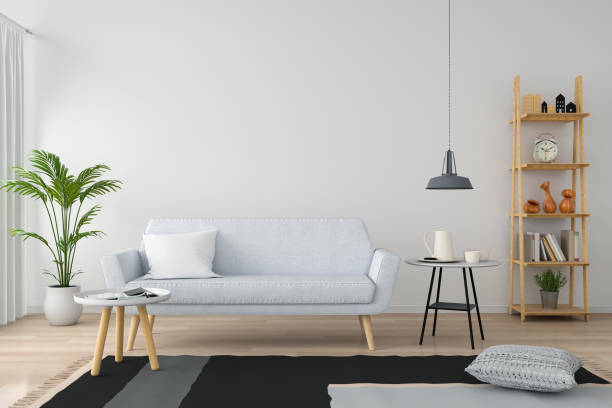 istock gray sofa in white living room, 3D rendering 1032159674