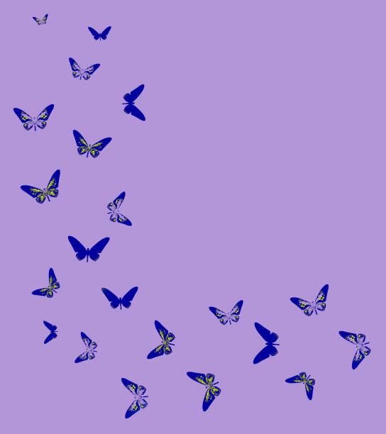 Swarm of blue stylized butterfly silhouette on lilac background with empty space. Digitally alltered image.
