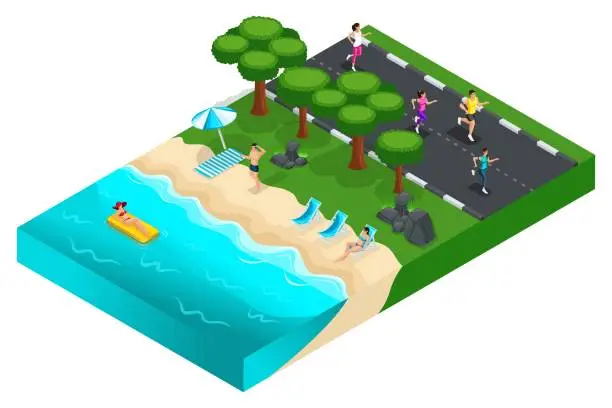 Vector illustration of Isometrics rest on the nature, grass, landscape, people rest by the sea, on the road athletes train. Bright summer concept
