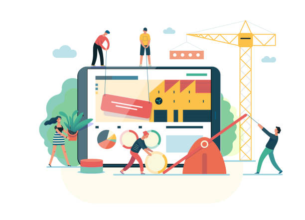 ilustrações de stock, clip art, desenhos animados e ícones de business series - teamwork and collaboration web template - build structure illustrations