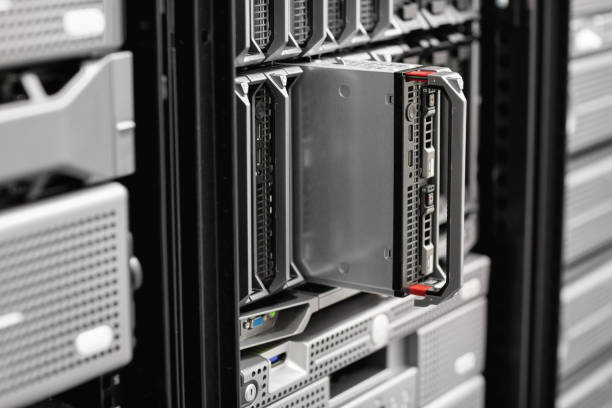 close-up of blade server rack at enterprise datacenter - network server rack computer black imagens e fotografias de stock