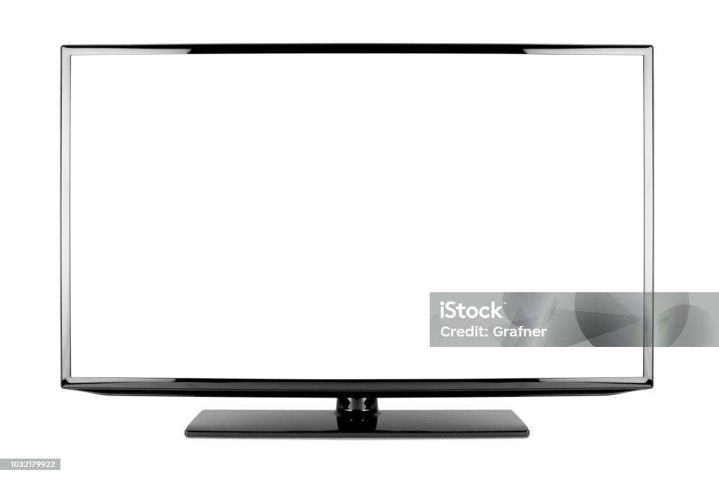 empty black flat tv screen computer monitor empty black flat tv screen computer monitor display panel television isolated on white background Television Set Stock Photo