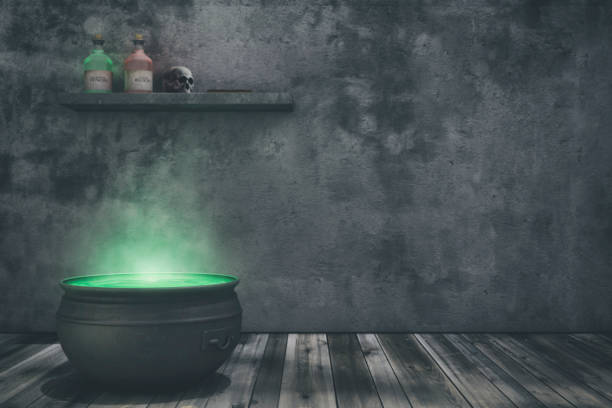 Halloween Witch Cauldron Background A witch's cauldron bubbling in her home with bottles of potions, skulls, and spell book on the shelf in the background with copy space. cauldron photos stock pictures, royalty-free photos & images