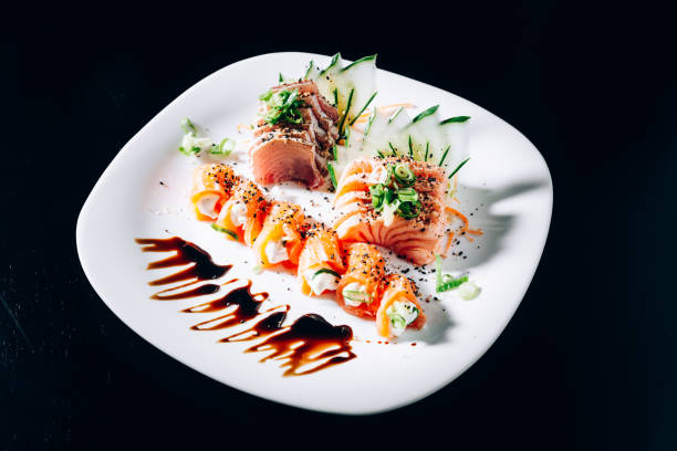 istock Salmon and tuna sashimi and sushi plate 1032215800