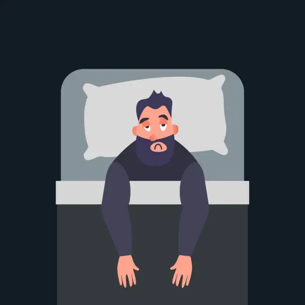 Vector illustration of Sleepless Insomnia concept art. Tired man on the bed can not sleep. Stress male character. Inscription insomnia. Insomnious cartoon guy