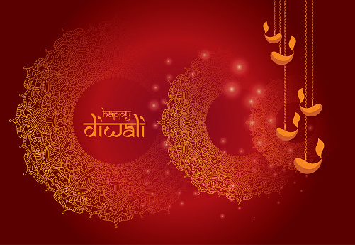 Diwali Festival Background Design Template with Round Floral and Lamps