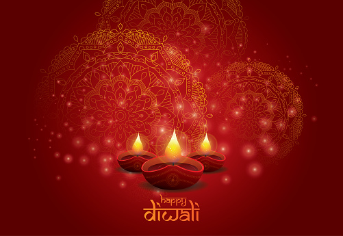 Diwali Festival Background Design Template with Round Floral and Lamps