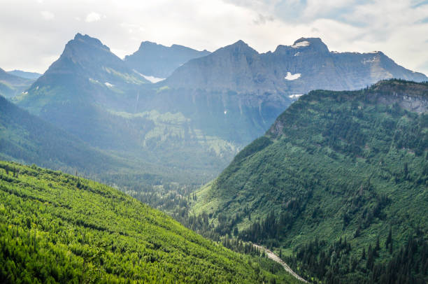 mgła nad szczytami high mountain w parku narodowym glacier w montanie - lake us glacier national park cloudscape cloud zdjęcia i obrazy z banku zdjęć