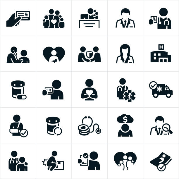 Health Insurance Icons A set of health insurance icons. The icons include insurance, insurance card, family, insurance agent, receptionist, doctor, prescription, check-up, newborn, agreement, hospital, medication, prescription card, healthcare professional, ambulance, broken arm, cost, debt, doctor search, injury and hospital bed to name a few. doctor and patient stock illustrations