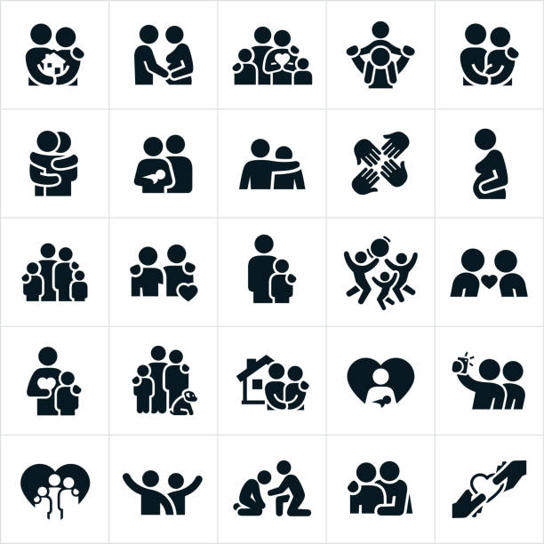 A set of loving family relationships icons. The icons show families, purchasing a home, pregnancy, piggyback ride, hugging, newborn, arm around shoulder, love, concern, single parenting, playing together, taking pictures and spending time together to name just a few.