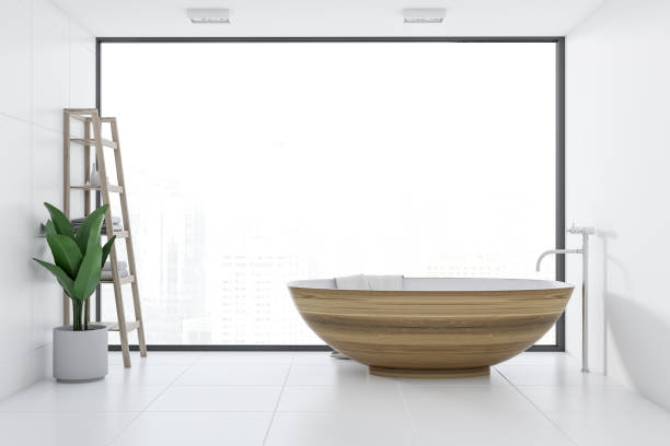 istock Panoramic bathroom, wooden bathtub 1032253902
