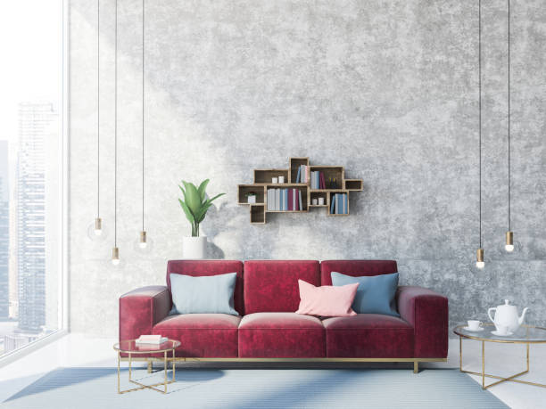 istock Concrete wall living room interior, red sofa 1032254672
