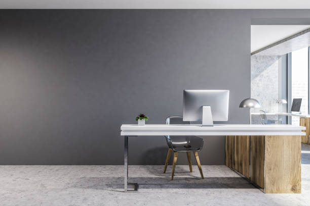 istock Gray and wooden luxury office interior, mock up 1032259702