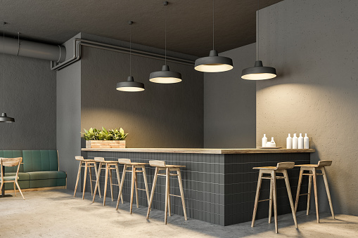 Dark Gray Wall Pub Interior Side View Stock Photo - Download Image Now