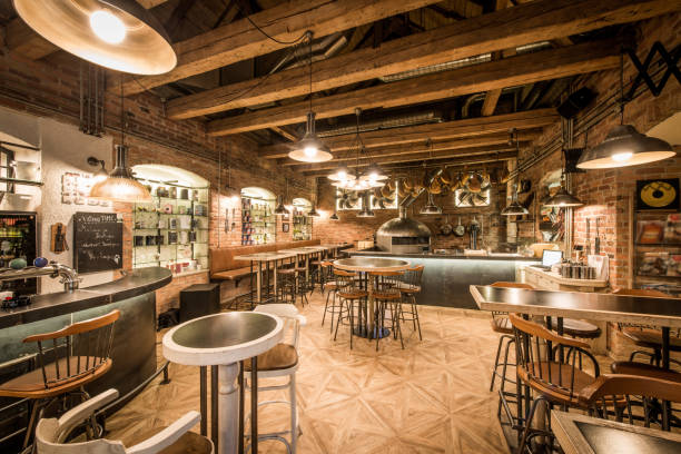 istock Modern european restaurant with wooden interior 1032262428