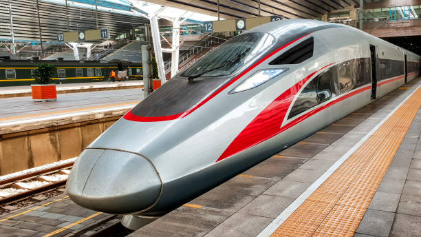 Beijing, China - May 23, 2018: A high speed train stopped at a platform at the Beijing Railway Station stock photo