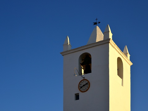 Vimieiro, Arraiolos, Alentejo, Portugal: clock tower with bells and weather vane - main square, Praça Dr. Teófilo Salvado