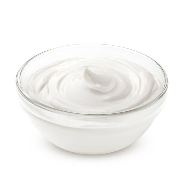sour cream in glass, mayonnaise, yogurt, isolated on white background, clipping path, full depth of field