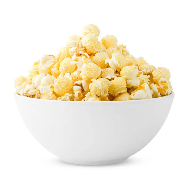 Photo of popcorn isolated on white background, clipping path, full depth of field