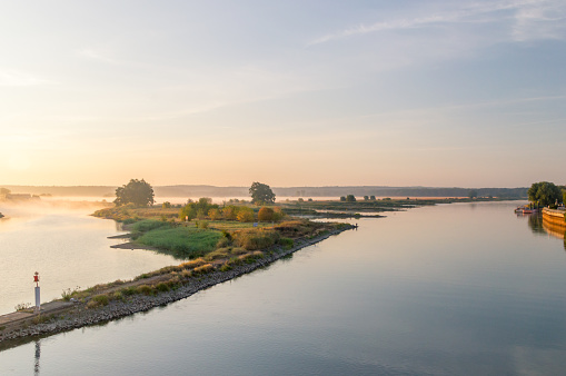 Sunrise Over Border River Oder Oder Is River Between Poland And German ...