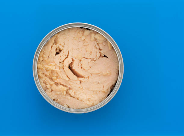 Open can of solid white albacore tuna on a cutting board