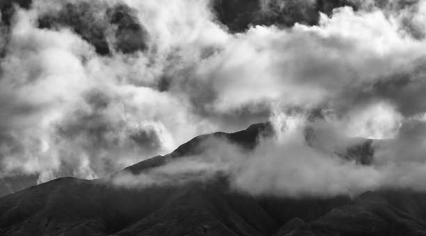 Black and White Mountain Ridgeline with Clouds above and Below