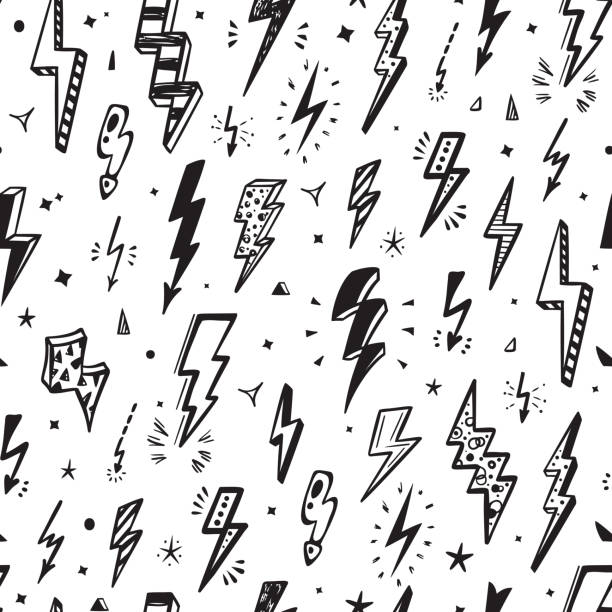 ilustraciones, imágenes clip art, dibujos animados e iconos de stock de patrón transparente de vector de relámpagos. repetir fondo con mano dibujado doodle relámpago perno señales, rayos, energía thunder bolt, ilustración de símbolo de advertencia - garabato ilustraciones
