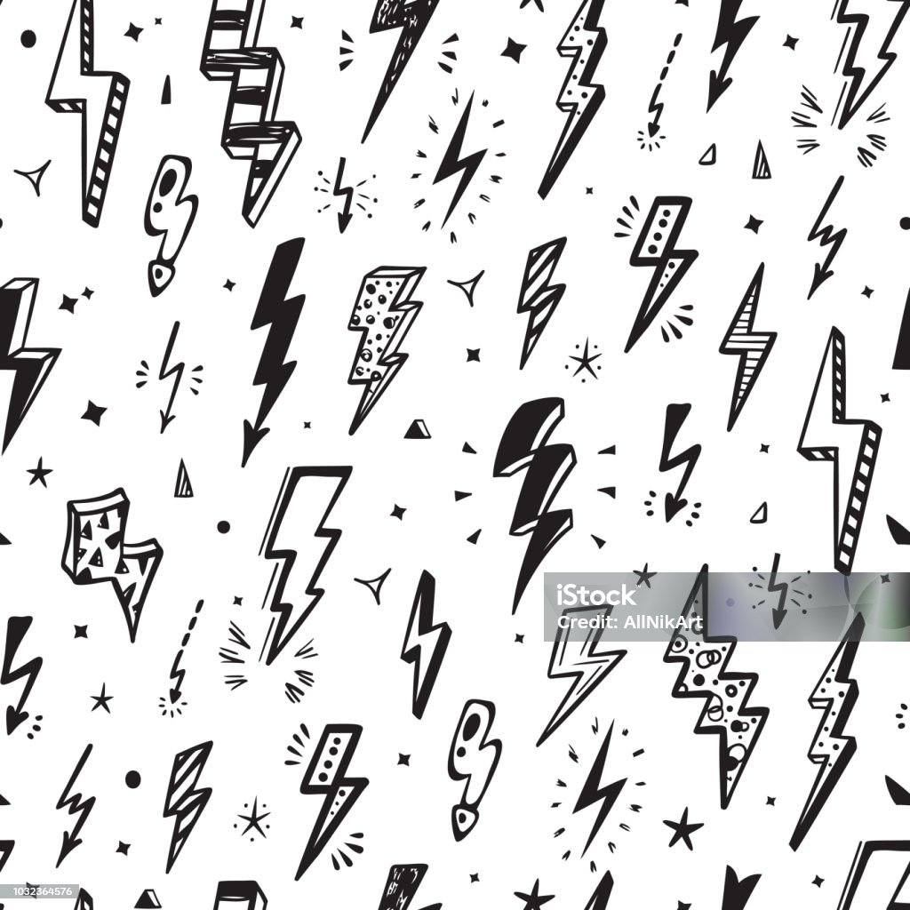 Éclairs vecteur Seamless Pattern. Répéter le fond avec dessiné Doodle Lightning Bolt signes de la main, foudre, boulon énergie Thunder, illustration de symbole d’avertissement - clipart vectoriel de Éclair libre de droits