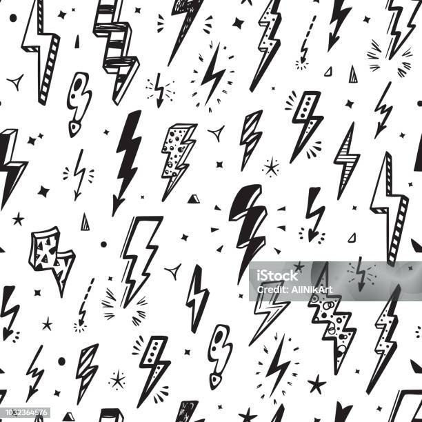 Éclairs Vecteur Seamless Pattern Répéter Le Fond Avec Dessiné Doodle Lightning Bolt Signes De La Main Foudre Boulon Énergie Thunder Illustration De Symbole Davertissement Vecteurs libres de droits et plus d'images vectorielles de Éclair