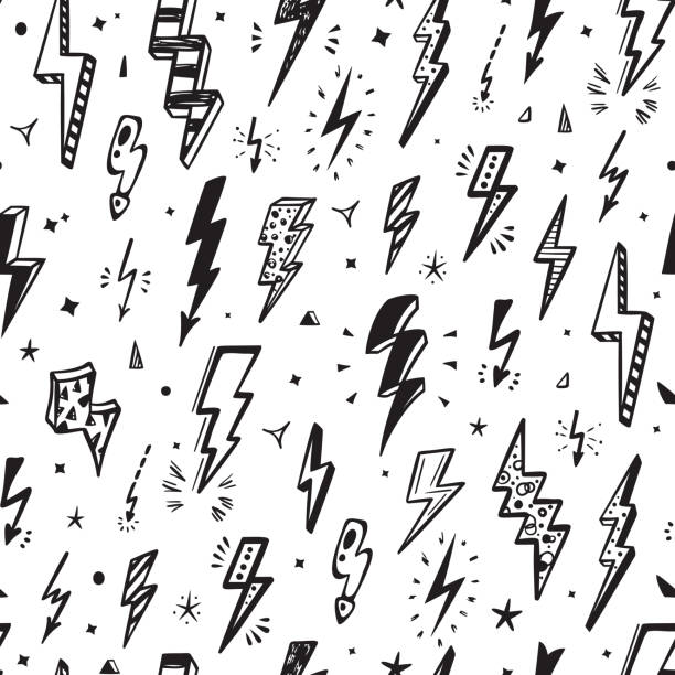 Lightning Bolts Vector Seamless Pattern. Repeat Background with Hand Drawn Doodle Lightning Bolt Signs, Thunderbolts, Energy Thunder bolt, Warning Symbol  illustration Lightning Bolts Vector Seamless Pattern. Repeat Background with Hand Drawn Doodle Lightning Bolt Signs, Thunderbolts, Energy Thunder bolt, Warning Symbol  illustration pencil drawing stock illustrations