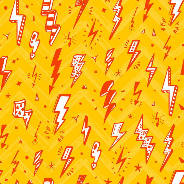ilustrações de stock, clip art, desenhos animados e ícones de lightning bolts vector seamless pattern. repeat background with hand drawn doodle lightning bolt signs, thunderbolts, energy thunder bolt, warning symbol  illustration - pencil drawing flash