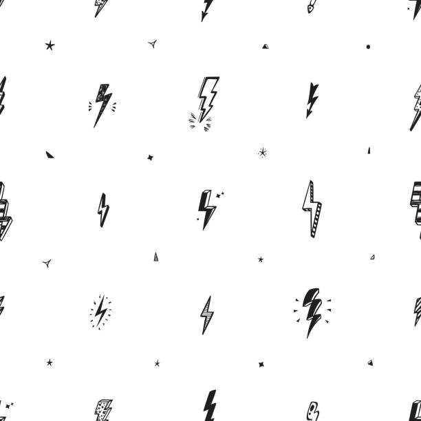 illustrazioni stock, clip art, cartoni animati e icone di tendenza di lightning bolts vector seamless pattern. ripeti sfondo con segni di fulmini doodle disegnati a mano, fulmine, fulmine energetico, illustrazione del simbolo di avvertimento - pencil drawing flash