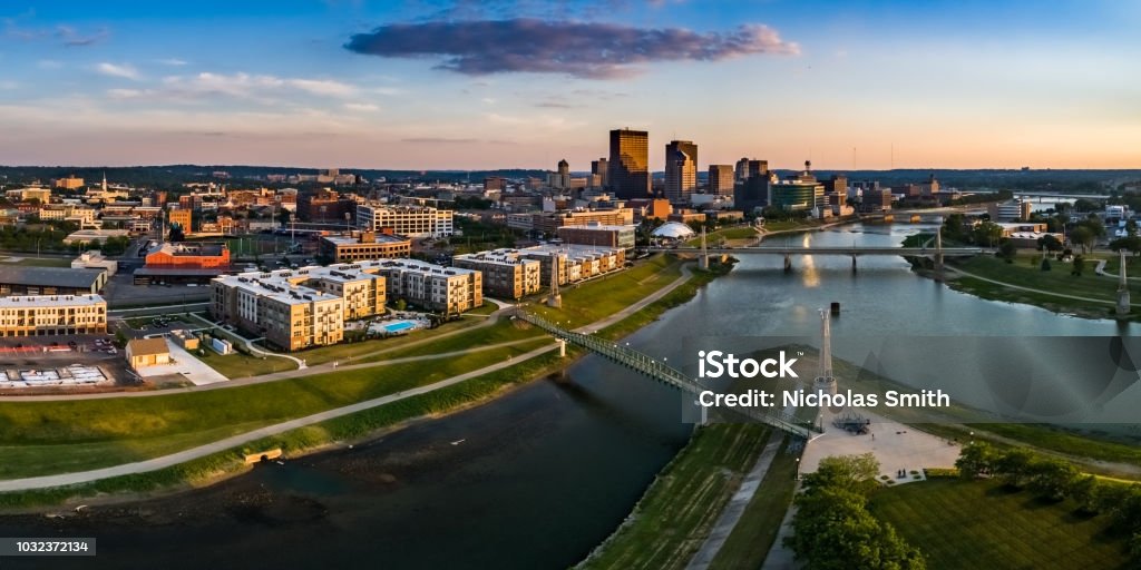 Downtown Dayton Sunset Panorama Looking over Deeds Park at the fountains toward downtown Dayton.  This is an aerial panorama via drone Ohio Stock Photo