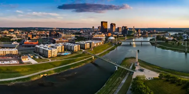 Looking over Deeds Park at the fountains toward downtown Dayton.  This is an aerial panorama via drone