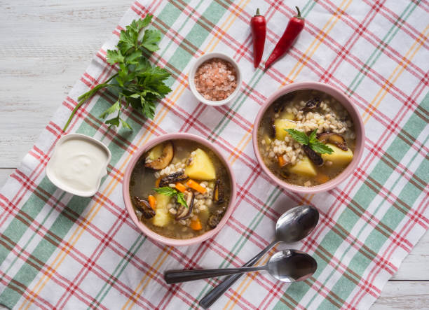 sopa de pan duro en una mesa de madera. estilo rústico. raw vegan vegetariano saludable los alimentos. - cepe fungus forest dining fotografías e imágenes de stock