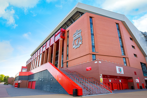 Liverpool, UK - May 17 2018: Anfield stadium, the home ground of Liverpool FC which has a seating capacity of 54,074 making it the sixth largest football stadium in England