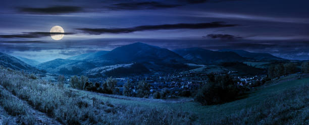 Photo of panorama of rural fields on curvy slopes at night