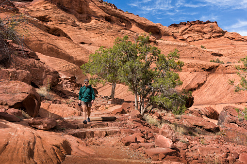 Adult man hikes across sloping red rocks toward the White House Ruins, Canyon de Chelly, Arizona, USA