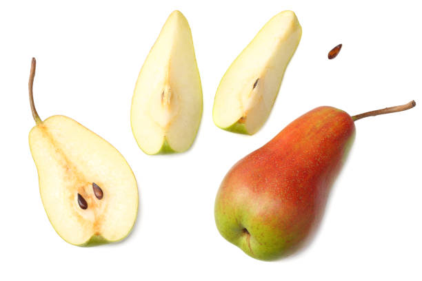 istock pear with slices isolated on white background. top view 1032439402