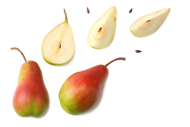 istock pear with slices isolated on white background. top view 1032439408
