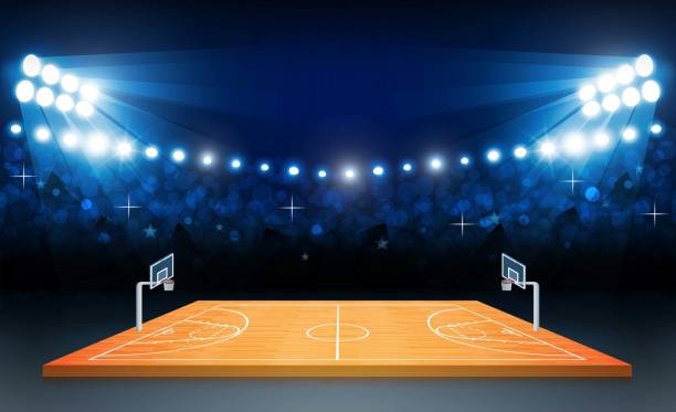 ilustraciones, imágenes clip art, dibujos animados e iconos de stock de campo de la arena del baloncesto con diseño de luces de estadio brillante. iluminación de vector - basketball court