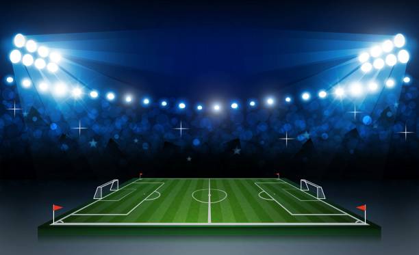 istock Football arena field with bright stadium lights vector design and information scoreboard. Vector illumination 1032444922