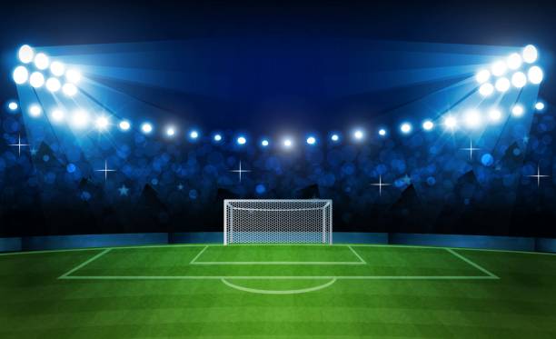 istock Football arena field with bright stadium lights vector design and information scoreboard. Vector illumination 1032445060